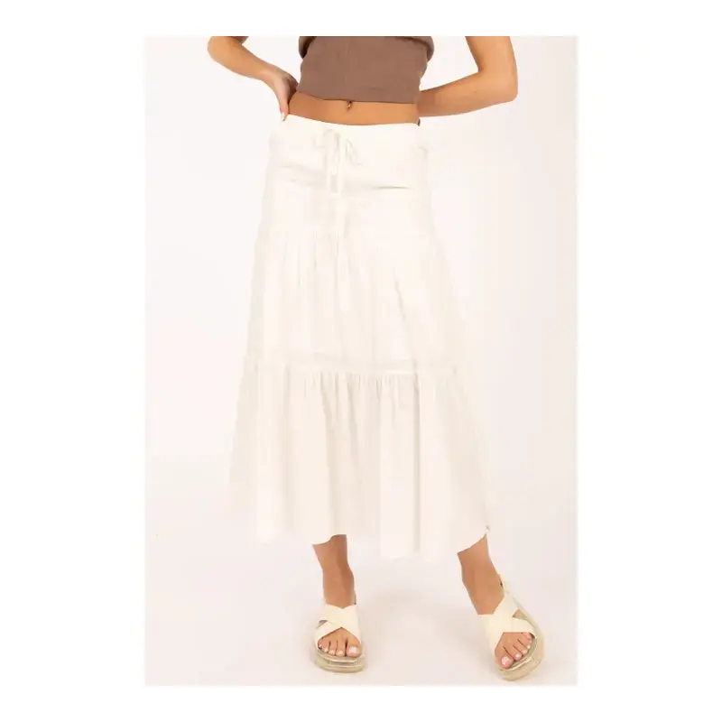 Tiered Elastic Waist Midi Skirt - White