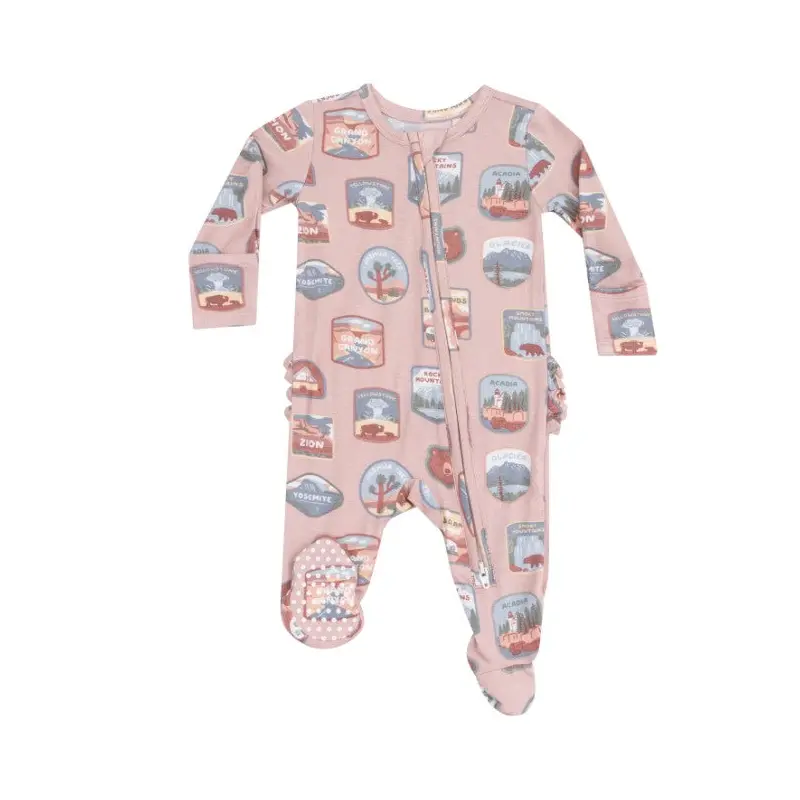 Two Way Ruffle Zipper Footie - National Park Patches - Pink