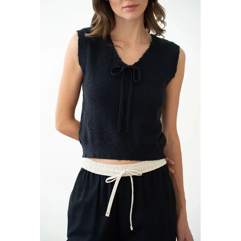 V-Neck Knit Vest with Neck Tie - Navy