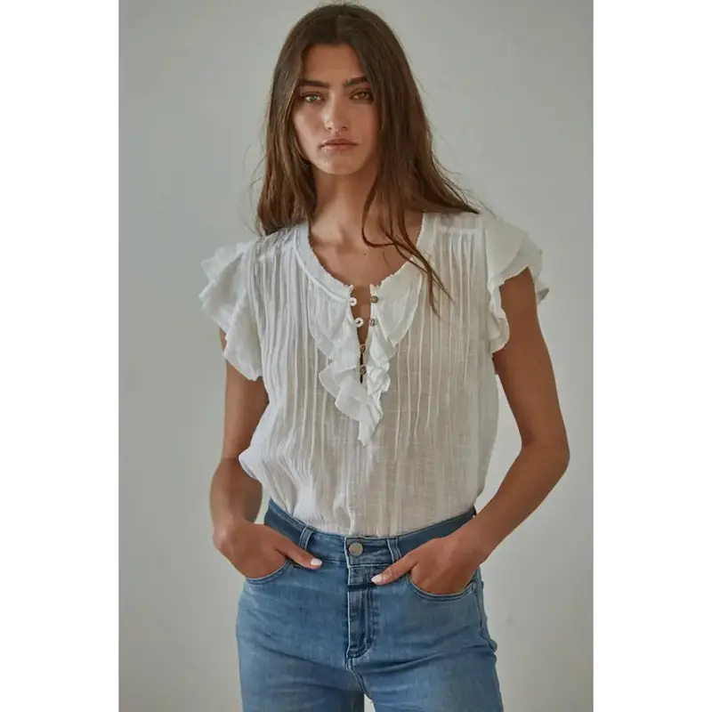 Woven Cotton Linen Button V-Neck Short Sleeve Blouse - Off White