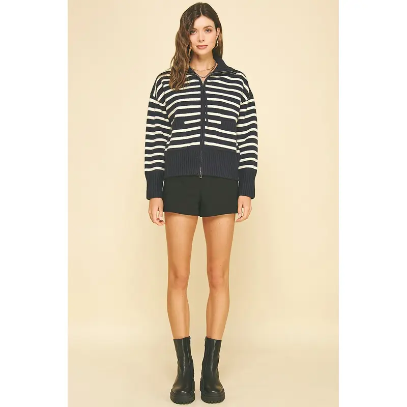 Striped Zip Up Sweater - Navy