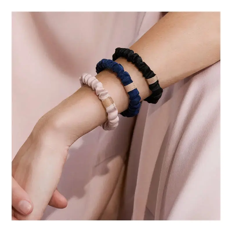 3pk Washable Silk Thin Scrunchie Set - Deep Blue, Delicate Pink & Immersed Black