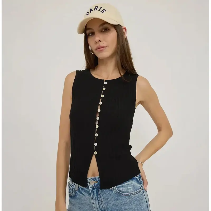 Slim Knit Sleeveless Button Top - Black