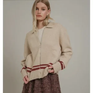 Varsity Zip-Up - Oatmeal & Wine Stripe